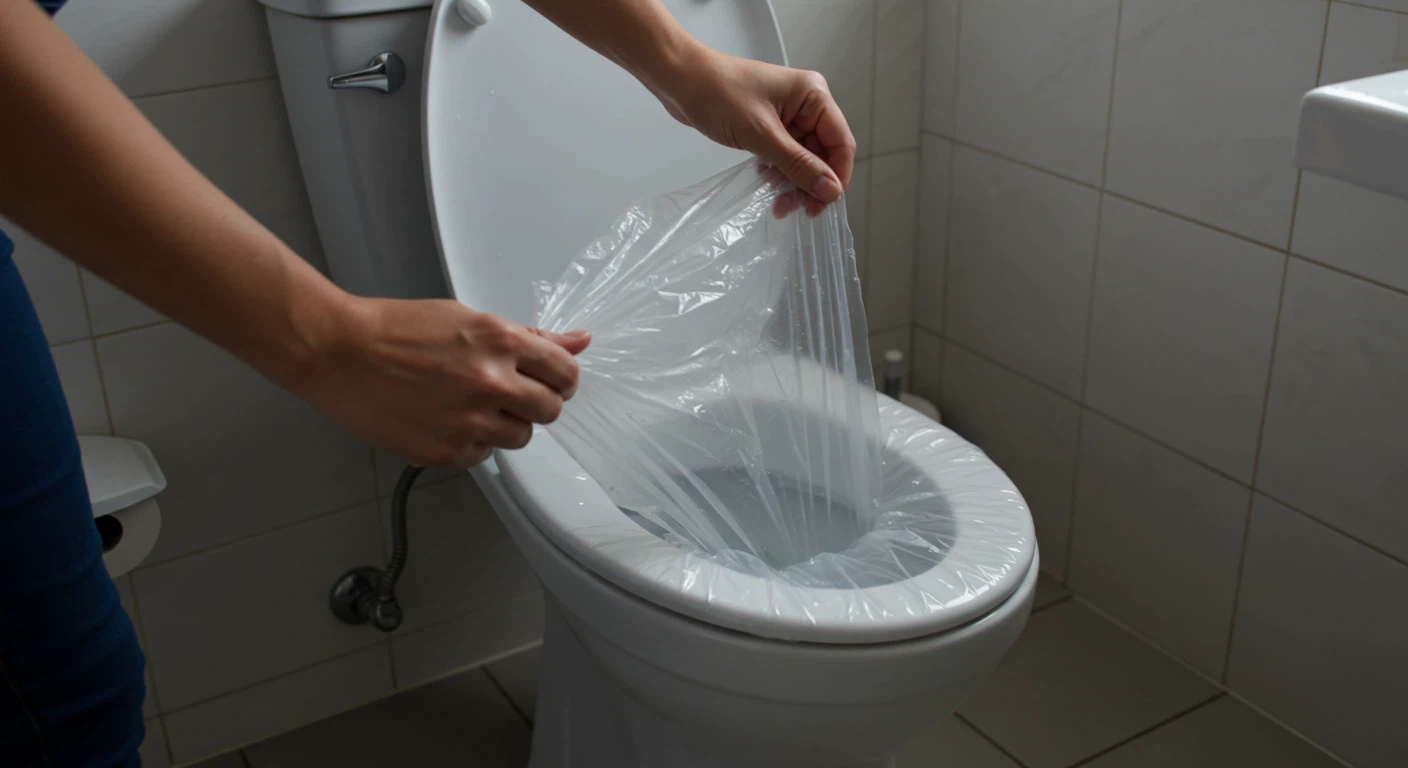 Pessoa cobrindo vaso sanitário com saco plástico em banheiro limpo, demonstrando técnica improvisada e eficaz para desentupir com pressão de ar.