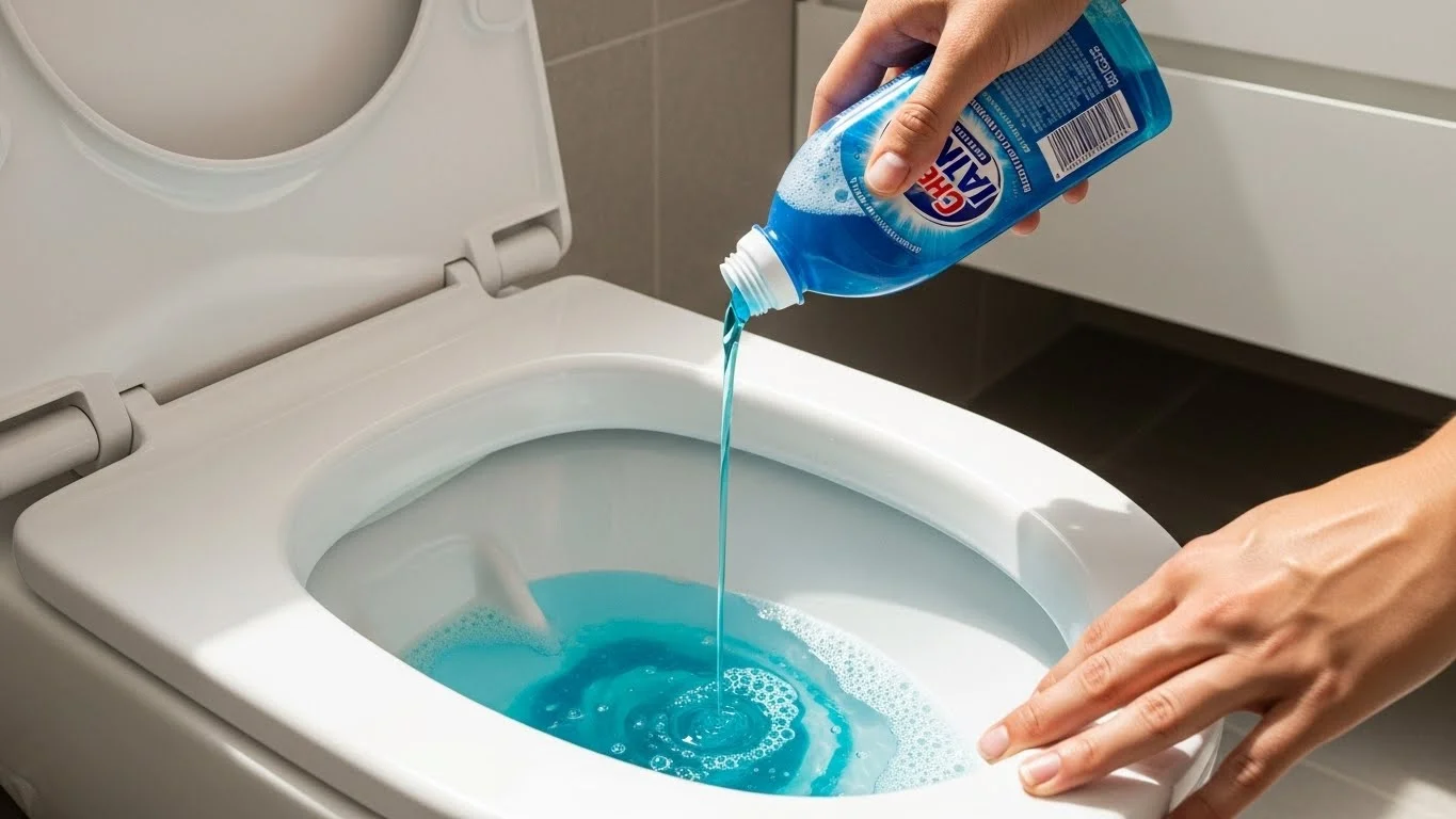 Mãos despejando detergente líquido dentro do vaso sanitário para desentupir, em banheiro moderno.