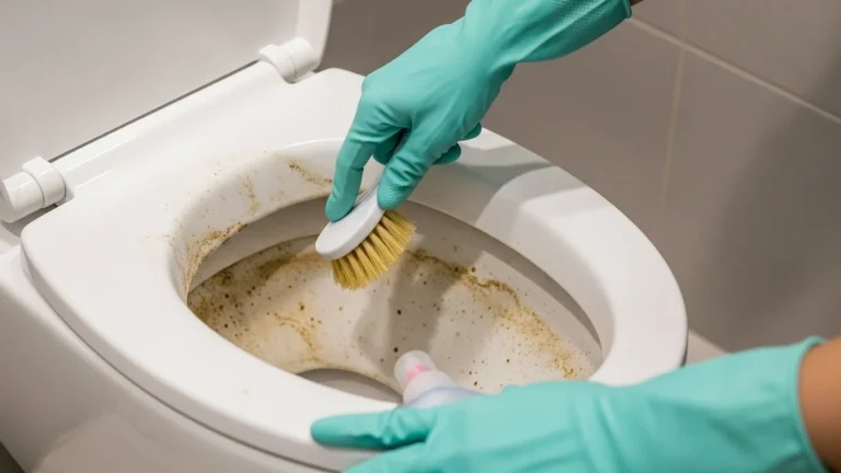 Mãos com luvas limpando vaso sanitário encardido com escova e produtos de limpeza em banheiro moderno.