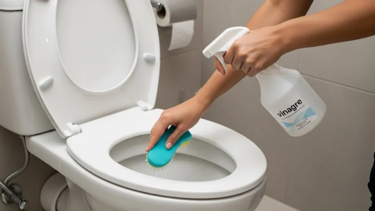 Pessoa limpando vaso sanitário com vinagre em banheiro moderno, usando borrifador e esponja, em cena realista de limpeza.